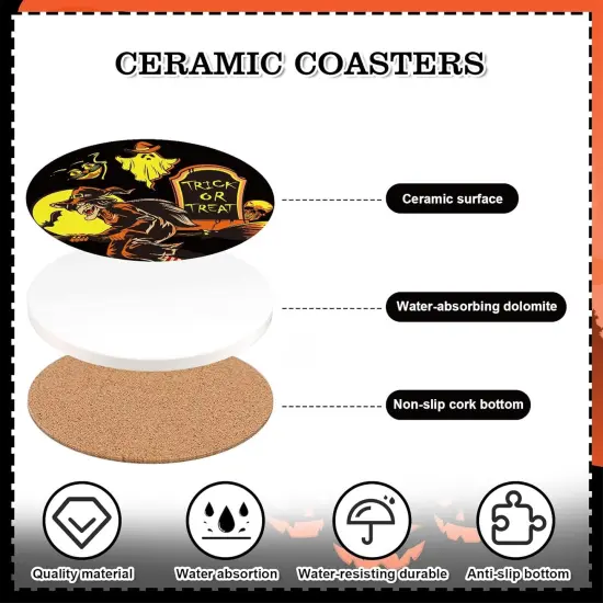 6Pcs Halloween Coasters Vintage Ceramic Coasters Pumpkin, 4.1 x 0.3 Inch {3}