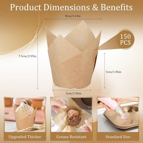 Tulip Cupcake Coasters (150 pcs) Premium Muffin Coasters Natural Paper Baking Cake Cups Kraft Paper Baking Coasters Perfect for Any Occasion Wedding Baby Shower Anniversary Birthday Graduation {3}
