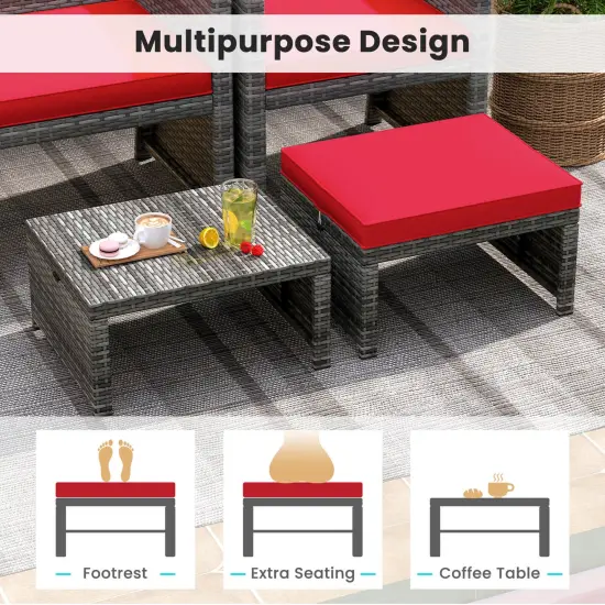 Costway Patio Ottomans Set of 2 PE Rattan Footstools with Removable Cushions & Metal Frame Red/Gray/Black/White/Turquoise/Navy {6}