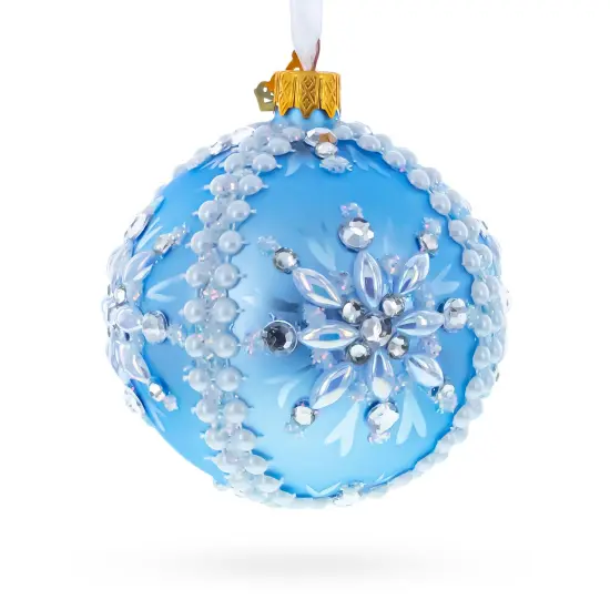 Blue and Pearl Jewel-Embellished Glass Ball Ornament 3.25 Inches {4}