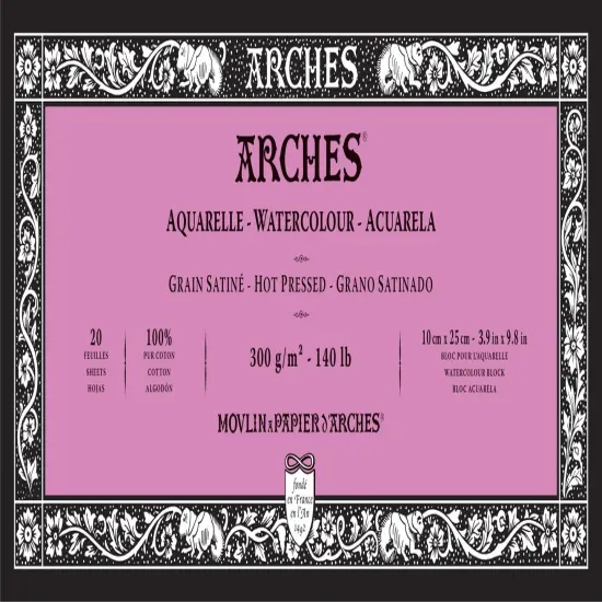Arches Aquarelle Hot Pressed Watercolor Block 3.9"X9.8"- 140lb, 20 Sheets {1}