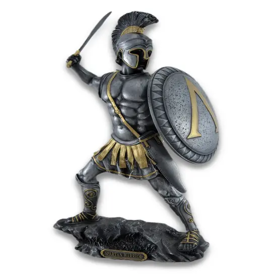 Spartan Warrior with Sword and Hoplite Shield Statue Silvered/Gold Accents {1}