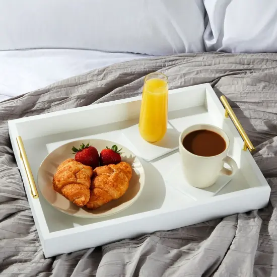 White Serving Tray with Handles and Coasters - Decorative Coffee Table Tray with Interchangeable Gold and Silver Handles, 16.57 x 12.2 x 3.1 inches {4}