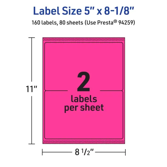 Avery Neon Magenta Paper Labels, 5" x 8-1/8" Rectangle {5}