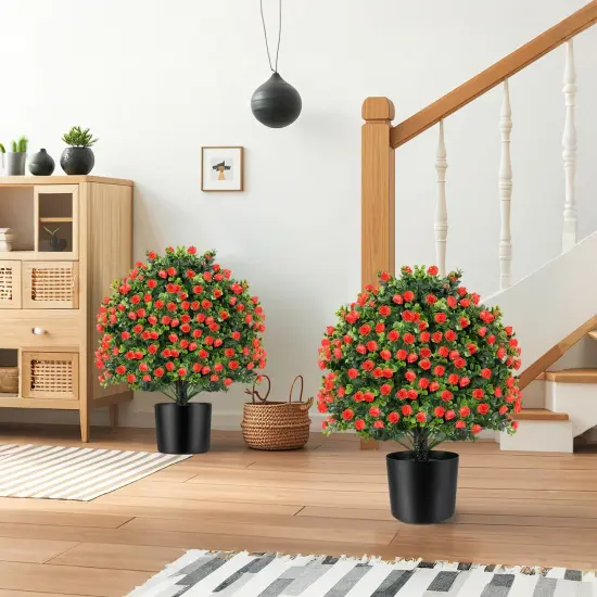 Costway 2 Pack Artificial Rose Topiary Ball Tree Faux Shrub Bushes with Flowers {2}
