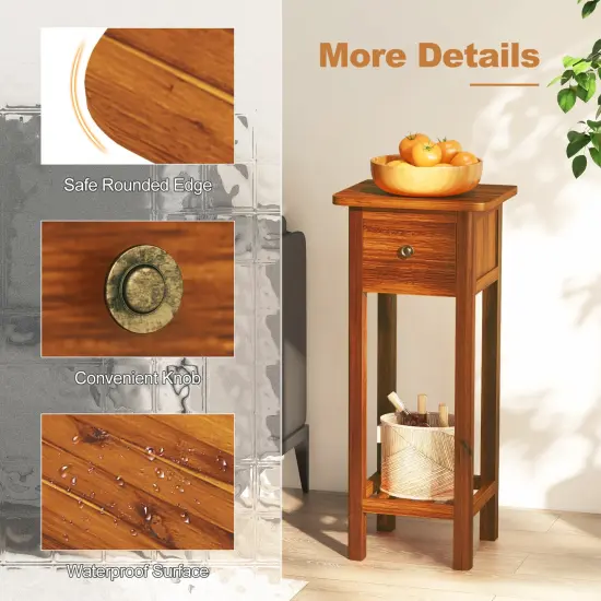 Costway Solid Wood Side Table with Acacia Wood Top Drawer & Open Shelf Small Nightstand {6}