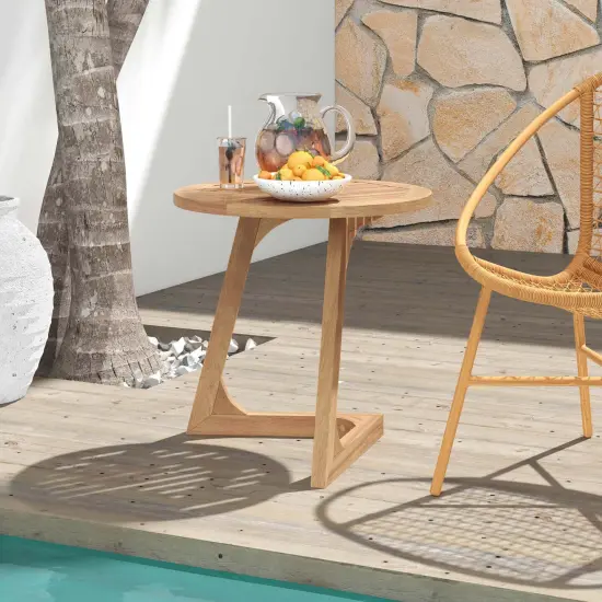 Costway 1/2 PCS Teak Wood Side Table Round Sofa End Table with Slatted Tabletop Nightstand {2}