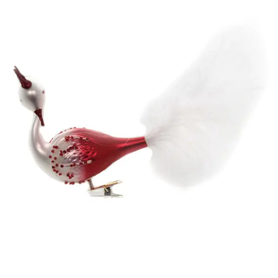 Golden Bell Collection 4.25 In Red & White Ombre Peacock Christmas Tree Ornament , Christmas Decor Ornament Clip-On Bird Feather {1}