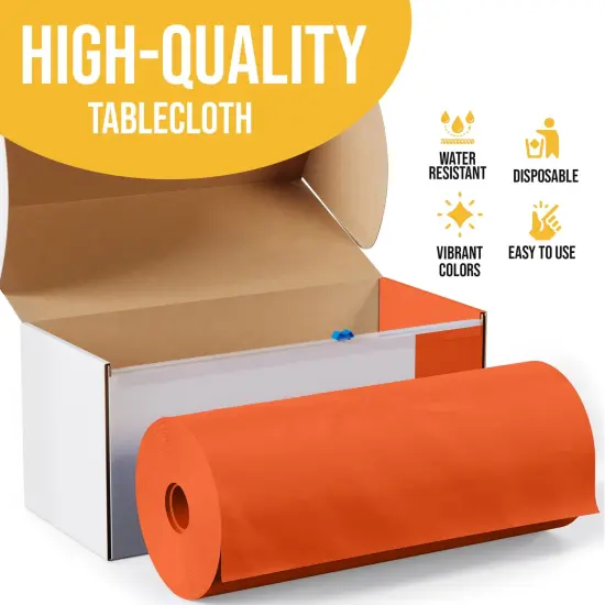 Exquisite Party Solids 54" x 100' Plastic Table Cover Roll with Slide Cutter &ndash; Cut-to-Size Dispenser Box &ndash; Makes Up to 36 Disposable 8' Rectangle Tablecloths Orange {4}