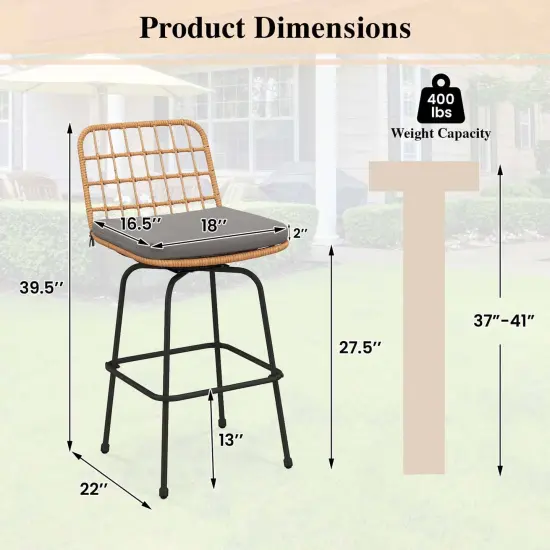 Costway Patio 360&deg; Swivel Bar Stools Set of 2 with Backrests & Footrests Soft Seat Cushions {3}