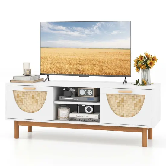 Costway TV Stand for 55-Inch TVs with 2 Drawers & Bamboo Woven Fronts Solid Wood Legs White {7}