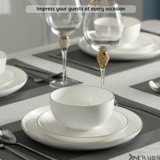 Perlaceo Luxurious Collection of White with Gold Rim Bone China Dinnerware Set - Lightweight and Durable - Service for 4 or 8, Including Dinner Plates, Salad Plates, and Cereal or Soup Bowls {5}