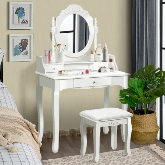 Costway White Vanity Wood Makeup Dressing Table Stool 3 Drawer {1}