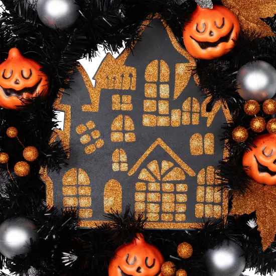 Northlight Glittered Haunted House Artificial Halloween Wreath - 24" - Unlit Orange {6}