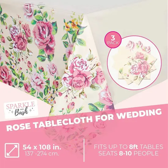 3 Pack Floral Pink Rose Tablecloth, Plastic Table Cover for Wedding, Birthday Party Decorations (54 x 108 in) {2}