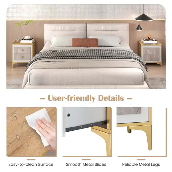 Costway 1/2 PCS Nightstand with Storage Faux Marble Surface Accent Table with 2 Pull-out Drawers {6}