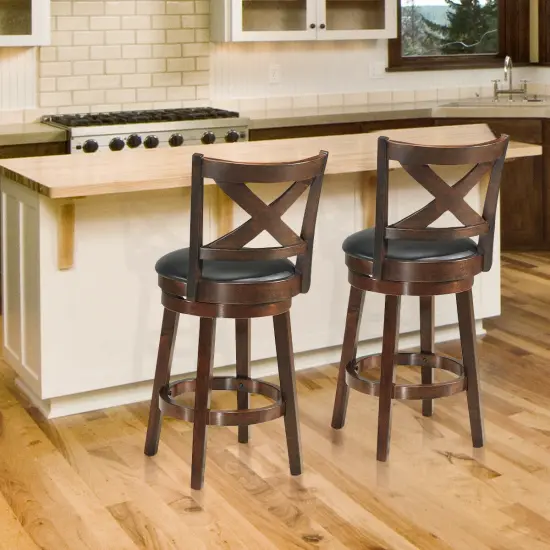 Costway Set of 2 Bar Stools 24'' Height Wooden Swivel Backed Dining Chair Home Kitchen Cross Back {4}