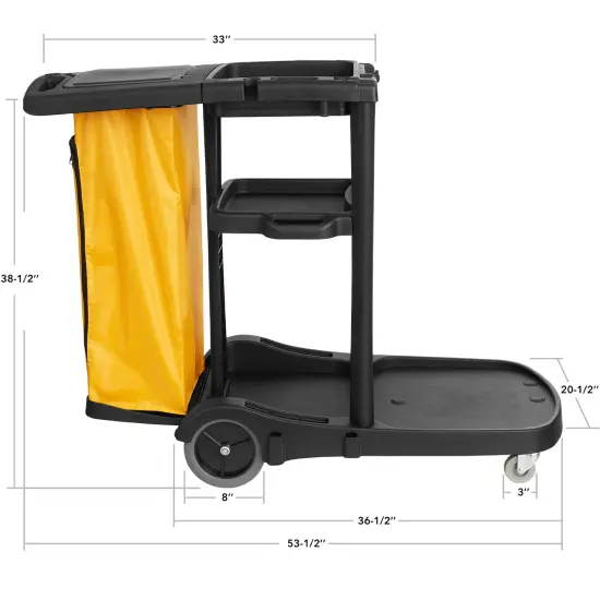 Dryser Commercial Janitorial Cleaning Cart on Wheels - Black Housekeeping Caddy with Cover, Shelves and Vinyl Bag {6}