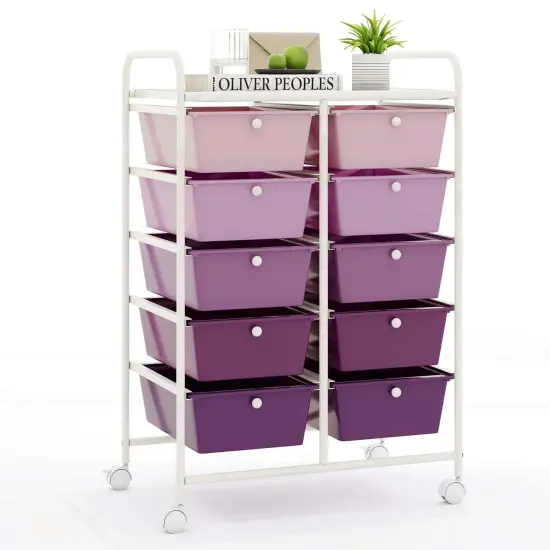 Costway 10-Drawer Storage Cart Utility Rolling Trolley Kitchen Office Organizer Black/Clear/Macaron/Grey/Black Gardient/Multicolor/Pink/RainbowithWhite/Hot Pink/Skin Pink/Purple {12}