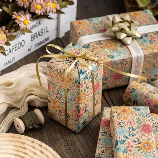 Colorful Floral Kraft Wrapping Paper Roll - 17Inch x 33Feet {4}