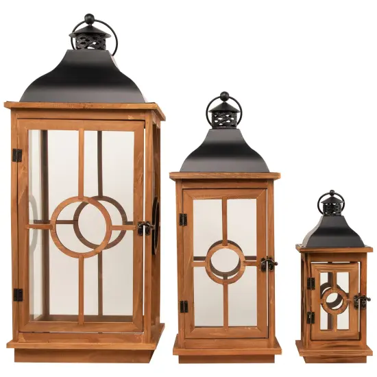 Northlight Natural Wood Candle Lanterns with Black Metal Tops - 26.5" - Set of 3 Brown {5}
