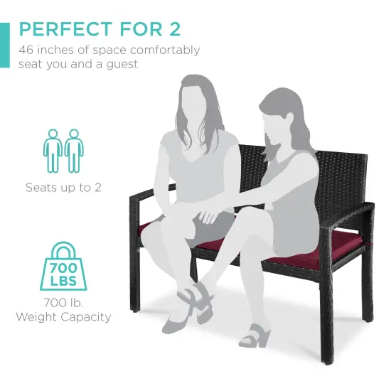 Best Choice Products 2-Person Outdoor Wicker Bench Garden Patio Porch Furniture w/ 700lb Capacity, Cushion Burgundy/Black {6}