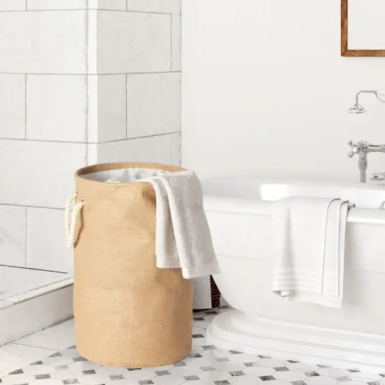 22 Inch Collapsible Laundry Basket with Drawstring Closure, Round Freestanding Clothes Hamper Brown {4}