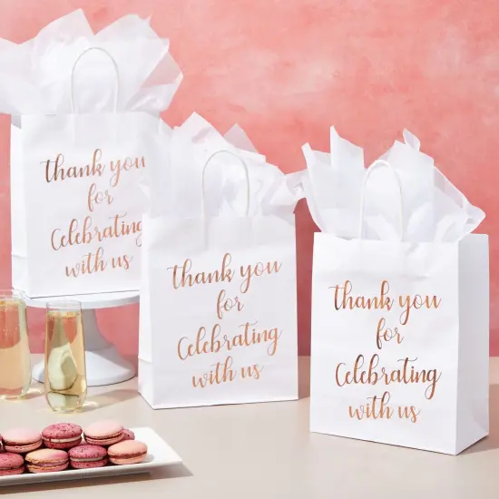 15-Pack Medium Sized Gift Bags with Tissue Paper for Wedding, Rose Gold Foil Thank You for Celebrating With Us Bags with Handles, Kraft Paper (10 x 8 x 4 Inches) {2}