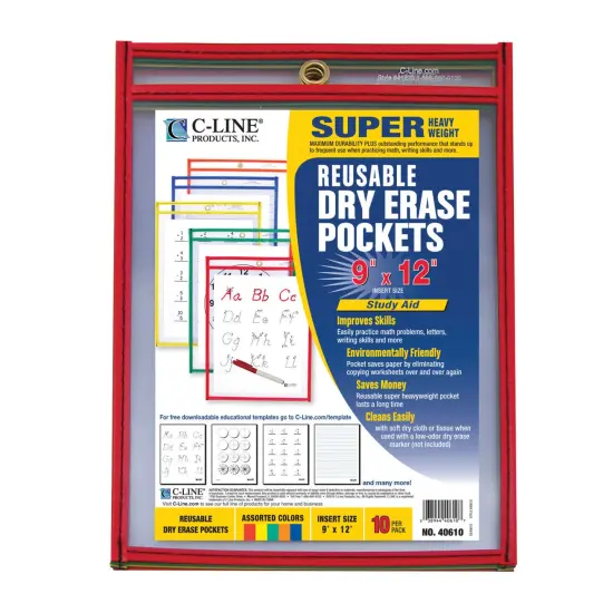 C-Line Dry Erase Reusable Pockets, Assorted Colors, 9 x 12 Inches, Pack of 10 {1}
