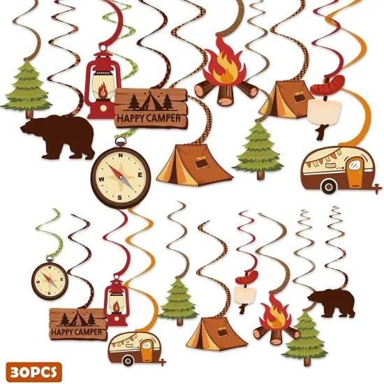 Summer Happy Camper Party Hanging Swirls Decoration Camping Kids Birthday Photo Props Ideas Tent Cutouts Adventure {1}