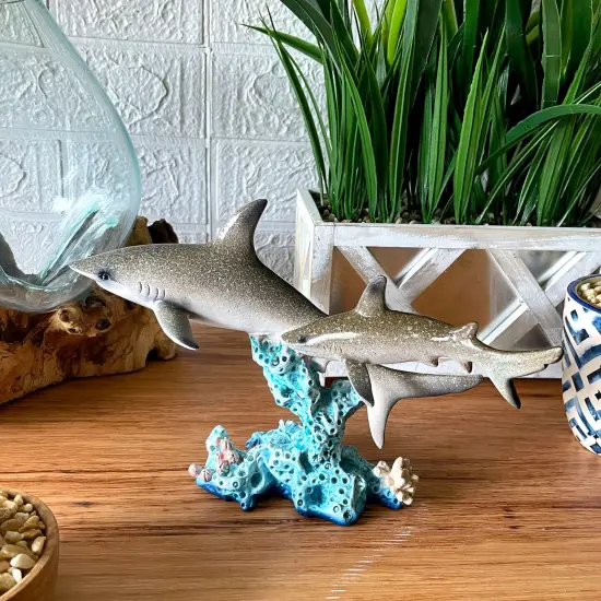 Double Sharks on Coral Statue 10" Hand-Painted Ocean Marine Decor {5}