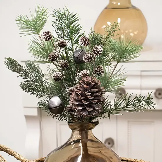 Frosty Cheer Pine Pick with Pinecones and Jingle Bells 19 Inch Winter Decor {2}