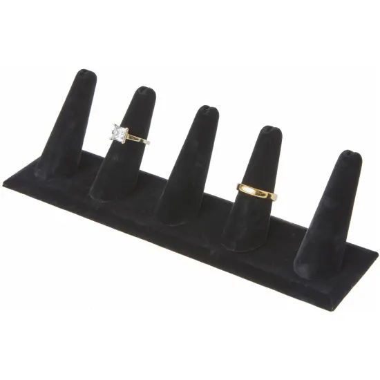 Plymor Black Velvet Ring Finger Display, Five on Rectangular Base, 8" W x 2.125" D x 2.5" H {3}