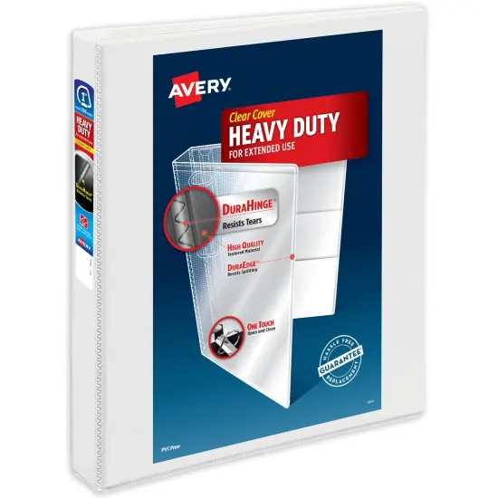 Avery Heavy-Duty View 3 Ring Binder, 1 Inch One Touch Slant Rings, 250-Sheet Capacity, DuraHinge, 1.4 Inch Wide Spine, Customizable Clear Cover and Spine, 1 White Binder (79799) {1}