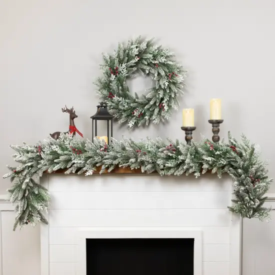 Northlight Real Touch&trade;️ Flocked Wind River Fir with Berries Artificial Christmas Wreath - 24" - Unlit Green {4}