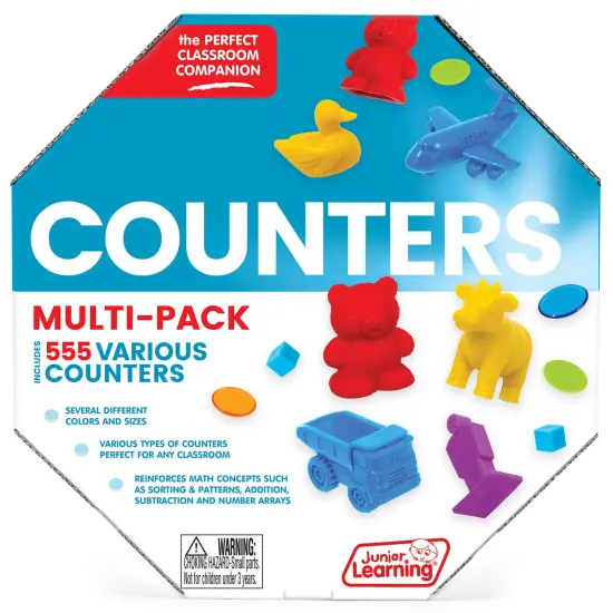 Junior Learning: Counters Multi-Pack - 555 Various Pieces - Multiple Colors-Shapes-Styles, Animal-Vehicles-Cubes, Use For Kids Math & Learning Games {4}