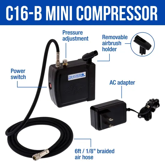 Master Performance G22 Airbrush Kit with Master Black Mini Portable Compressor C16-B & Air Hose {4}