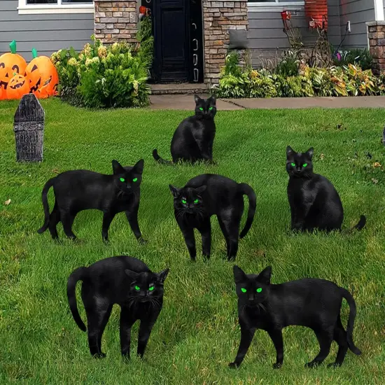 6ct Black Cat Decor Yard Signs with Stakes, Scary Silhouette with 3D Visual Furs {5}