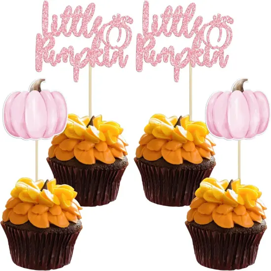 24Pcs Little Pumpkin Cupcake Toppers Glitter Baby Shower Pumpkin Cupcake Picks Gender Reveal Cake {1}