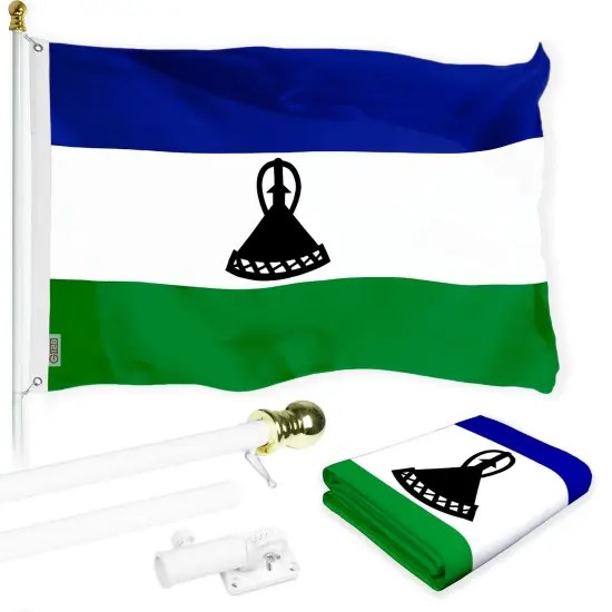 G128 Combo Pack: 6 Ft Tangle Free Aluminum Spinning Flagpole (White) & Lesotho Basotho Flag 3x5 Ft, LiteWeave Pro Series Printed 150D Polyester | Pole with Flag Included {1}