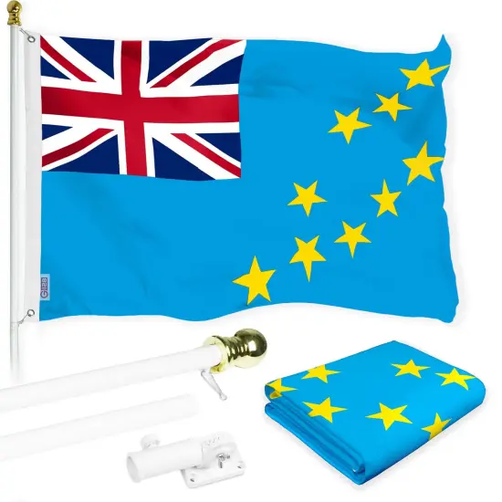 G128 Combo Pack: 6 Ft Tangle Free Aluminum Spinning Flagpole (White) & Tuvalu Tuvaluan Flag 3x5 Ft, LiteWeave Pro Series Printed 150D Polyester | Pole with Flag Included {1}