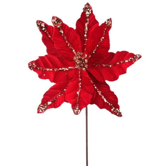 24" Red Glitter Tip/Vein Velvet Poinsettia Stem - Elegant Christmas Floral Decoration {1}