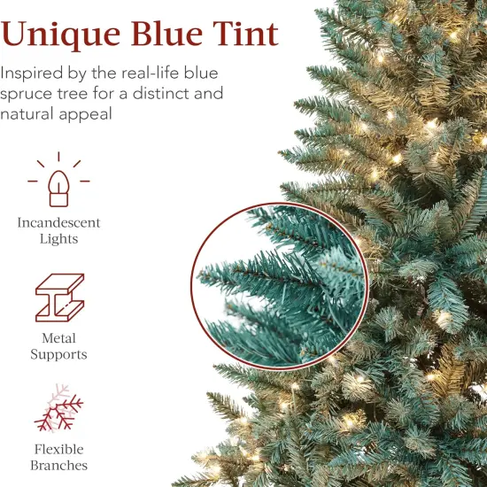 Pre Lit Blue Spruce Christmas Tree, 700 Warm White Incandescent Lights, Hinged PVC, Foldable Metal Base Green {2}