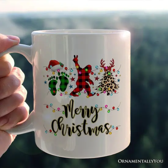 Bigfoot Buffalo Plaid Christmas Mug, Sasquatch Holiday Decoration {2}