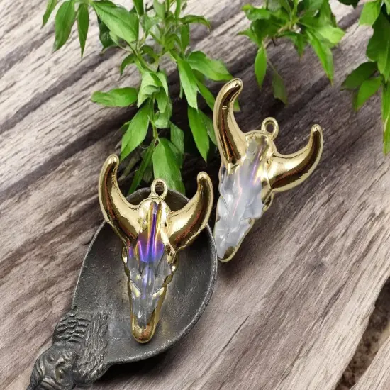 29x26x13mm Gold Plated Brass w/ Crystal AB Cattle Head Charm Pendant {2}