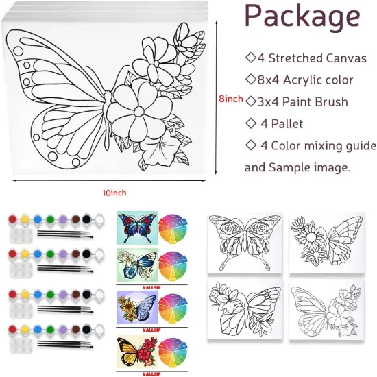4 Pack Pre Drawn Canvas Painting Kits - 8x10 (Butterfly) {4}