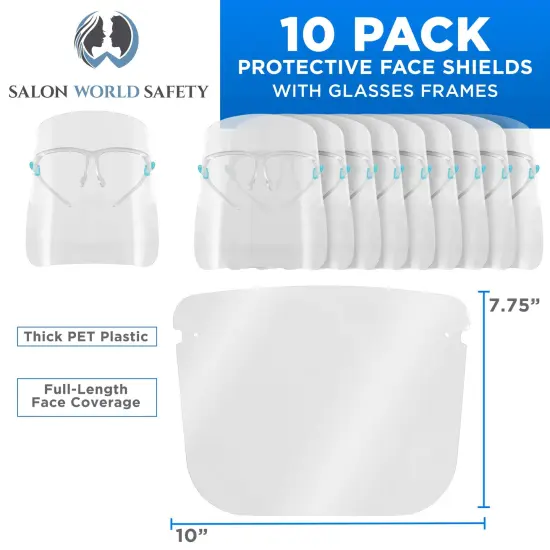 Safety Face Shields with Glasses Frames (Pack of 10) - Ultra Clear Protective Full Face Shields to Protect Eyes, Nose, Mouth - Anti-Fog PET Plastic {2}