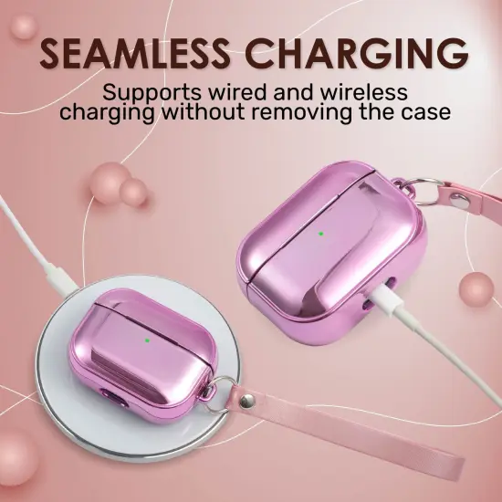 Insten Case For Airpods Pro, Soft TPU Glitter Plating Carrying Case with Hand Strap, Support Wireless Charging, Full Body Protective Skin Cover for Women Girls Men Boys, Pink {4}
