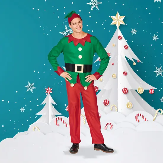 Northlight 40" Red and Green Men's Elf Costume With a Christmas Santa Hat - Standard Size {1}