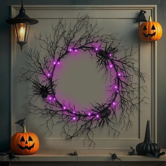 Halloween Wreath - Lighted Black Spider Wreath with Purple Lights {4}